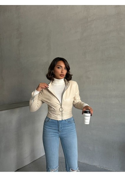 Taş Kadın Deri Crop Ceket Halka Detaylı fiyatları