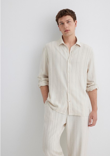 Keten Karışımlı Çizgili Ekru Gömlek 0211617-83884