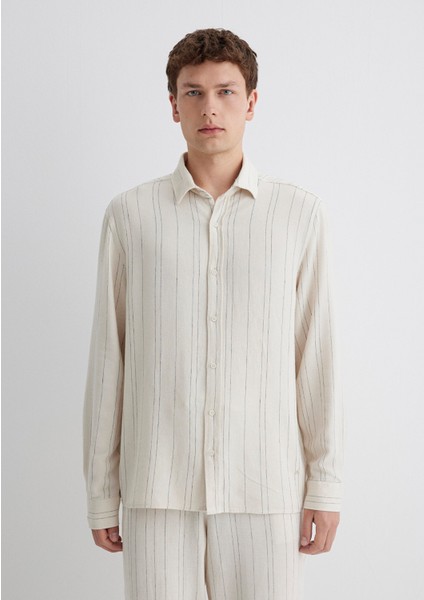 Keten Karışımlı Çizgili Ekru Gömlek 0211617-83884