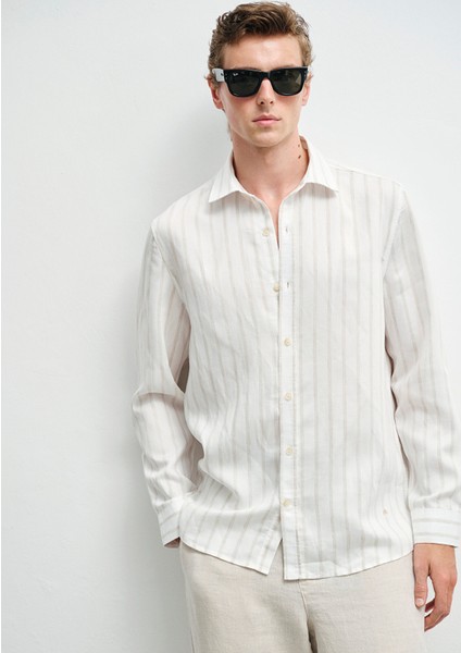 Bej Çizgili Ekru Tencel TM Lyosel Gömlek 0211618-70321