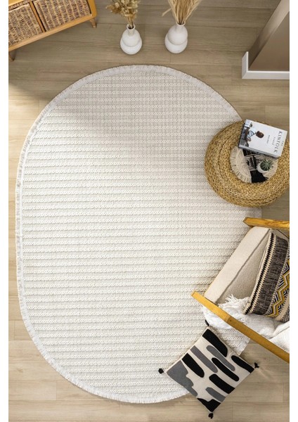 Oval Beyaz Halı Modern Oturma Odası Salon Mutfak Koridor Antre Balkon Çocuk Odası Halısı 004