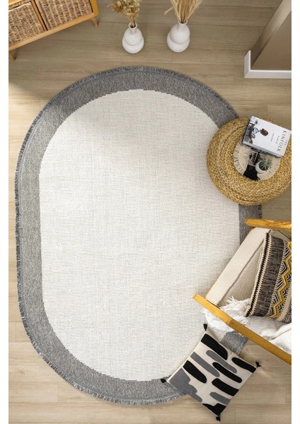 Oval Gri Halı Bordür Modern Oturma Odası Salon Mutfak Koridor Antre Balkon Çocuk Odası Halısı 0020
