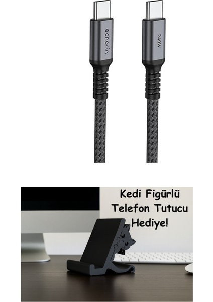 Type-C To Type-C (3 Metre) Hızlı Şarj 240W Pd 48V5A Yüksek Kaliteli Alüminyum Örgülü Kablo Gri