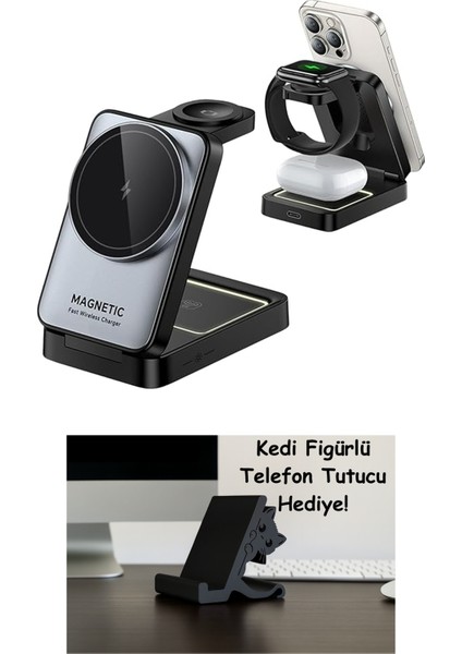 3‘ü 1 Arada iPhone Airpods Apple Watch Magsafe Uyumlu Kablosuz Şarj Cihazı Stand