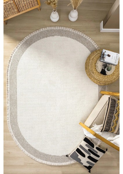 Oval Beyaz Halı Bordür Modern Oturma Odası Salon Mutfak Koridor Antre Balkon Çocuk Odası Halısı 0021