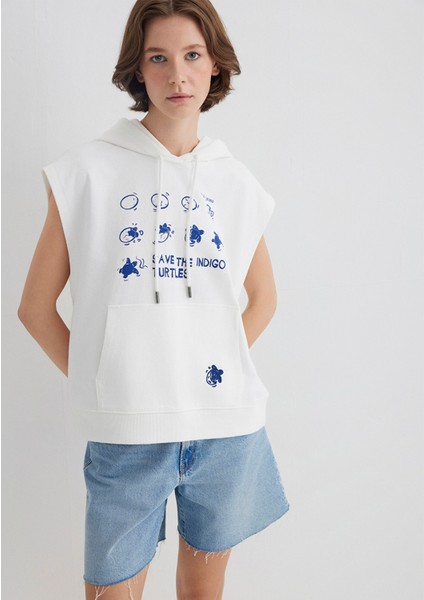 Indigo Turtles Baskılı Kapüşonlu Ekru Sweatshirt 1S10383-70057