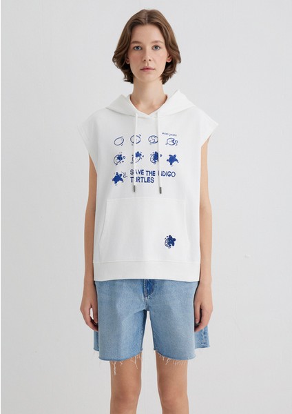 Indigo Turtles Baskılı Kapüşonlu Ekru Sweatshirt 1S10383-70057