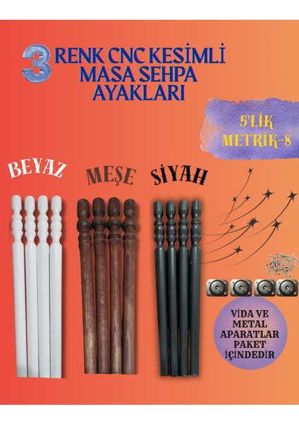 60CM 5'lik Cnc Kesimli Dekoratif 3 Renkli:(Beyaz-Siyah-Meşe) Masa&sehpa Ayakları