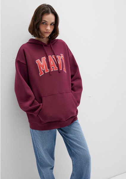 Mavi Logo Baskılı Kapüşonlu Bordo Sweatshirt 1600361-90705