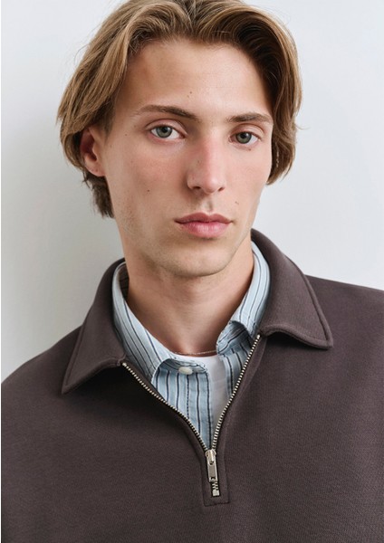 Polo Yaka Yarı Fermuarlı Kahverengi Sweatshirt 0S10414-70219