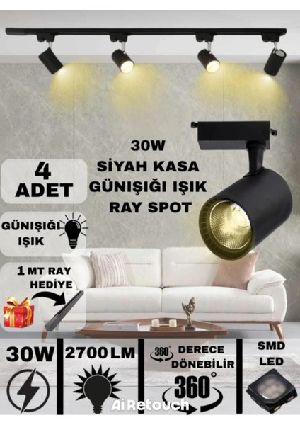 Aydınlatma 30W Siyah Kasa Günışığı Ray Spot (4 Adet + 1mt Ray Hediye) 1yıl Grantili
