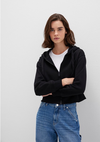 Kapüşonlu Siyah Basic Crop Sweatshirt 1S10388-900