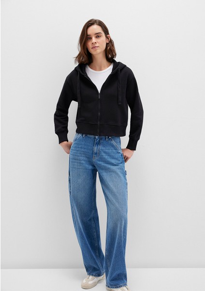 Kapüşonlu Siyah Basic Crop Sweatshirt 1S10388-900