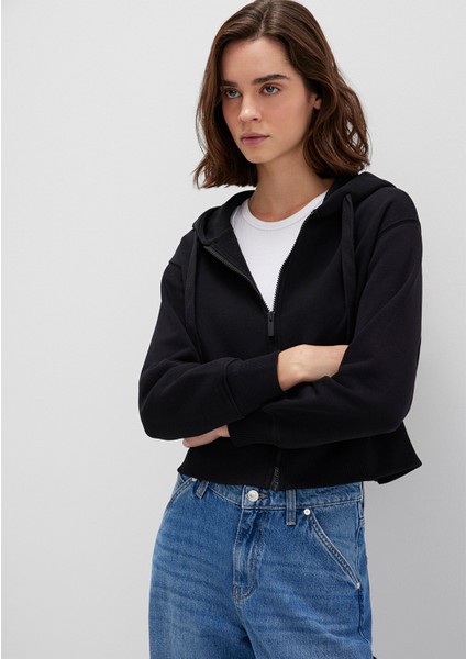Kapüşonlu Siyah Basic Crop Sweatshirt 1S10388-900