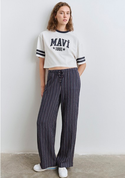 Beli Bağcıklı Çizgili Lacivert Pantolon 1011024-89853