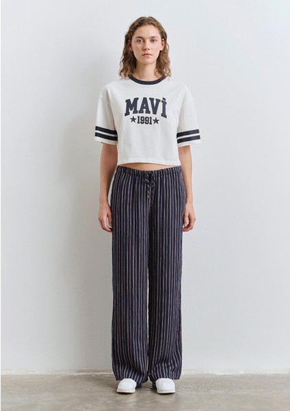 Beli Bağcıklı Çizgili Lacivert Pantolon 1011024-89853
