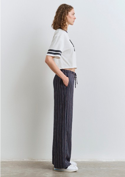 Beli Bağcıklı Çizgili Lacivert Pantolon 1011024-89853