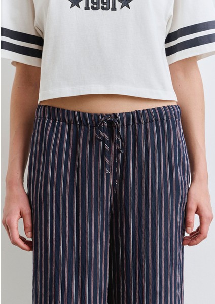 Beli Bağcıklı Çizgili Lacivert Pantolon 1011024-89853
