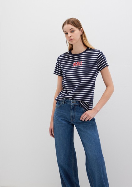 Mavi Logo Baskılı Çizgili Lacivert Tişört 1613562-88030