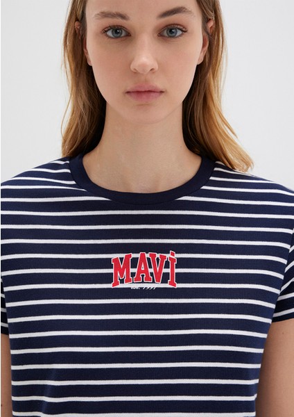 Mavi Logo Baskılı Çizgili Lacivert Tişört 1613562-88030