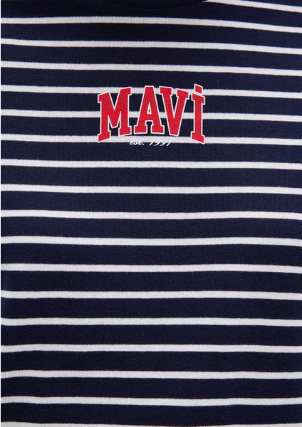 Mavi Logo Baskılı Çizgili Lacivert Tişört 1613562-88030