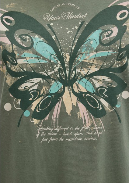 Kelebek Baskılı Yeşil Tişört 1613461-71841