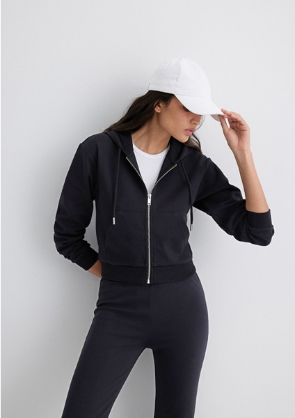 Kapüşonlu Siyah Interlok Sweatshirt 1S10424-900