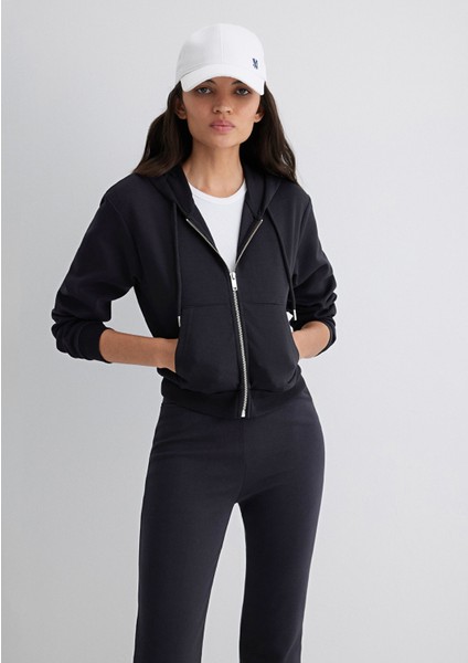 Kapüşonlu Siyah Interlok Sweatshirt 1S10424-900