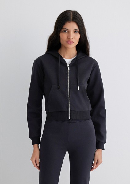 Kapüşonlu Siyah Interlok Sweatshirt 1S10424-900