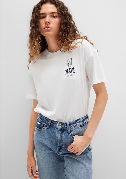 Mavi Logo Nakışlı Beyaz Tişört 1613467-70057