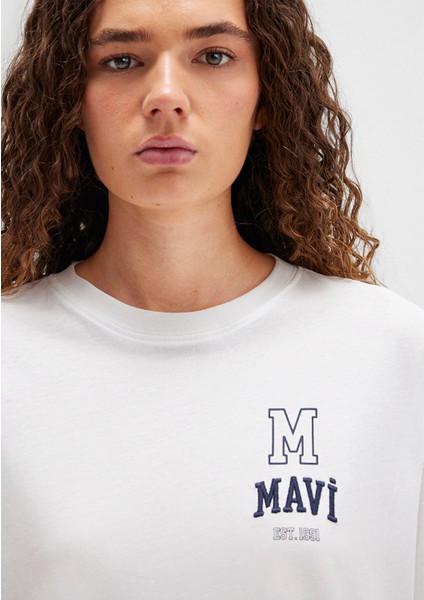 Mavi Logo Nakışlı Beyaz Tişört 1613467-70057