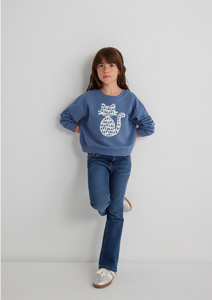 Mavi Kedi Baskılı Mavi Sweatshirt 7S10133-86702