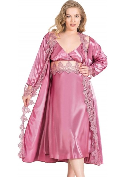 Arias Closet Büyük Beden Gül Kurusu Uzun Ikili Saten Sabahlık Gecelik Takımı