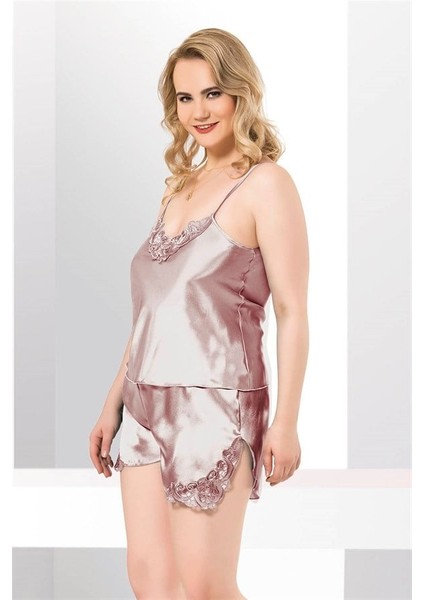 Arias Closet Büyük Beden Vizon Saten Babydoll Şort Takımı