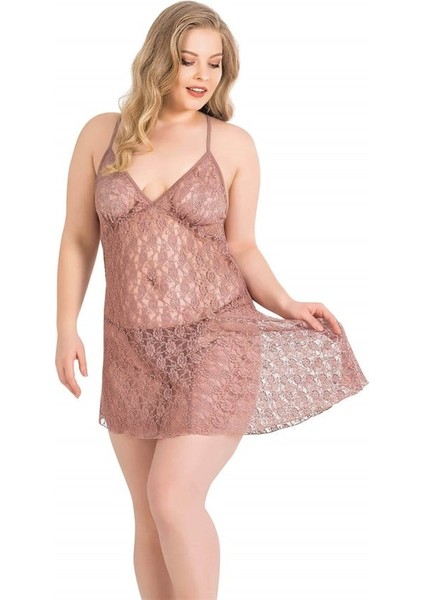 Arias Closet Büyük Beden Vizon Kısa Tül Gecelik