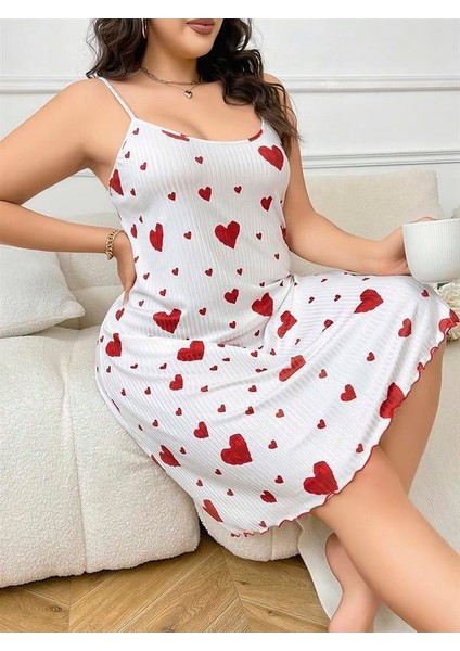 Arias Closet Büyük Beden Kalp Desen Pamuklu Ince Askılı Uzun Gecelik
