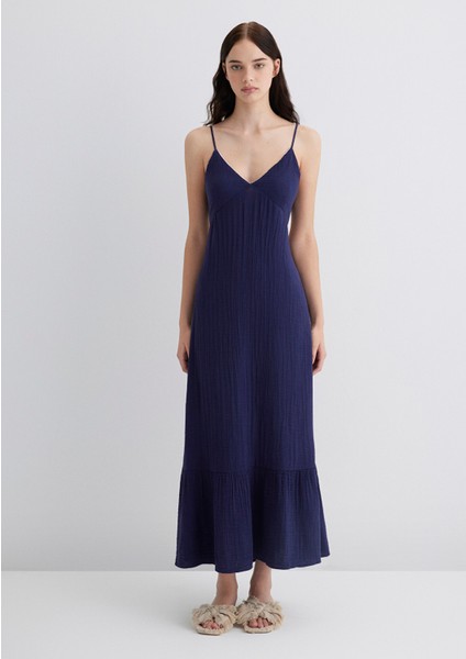 Keten Karışımlı Lacivert Elbise 1310797-70495