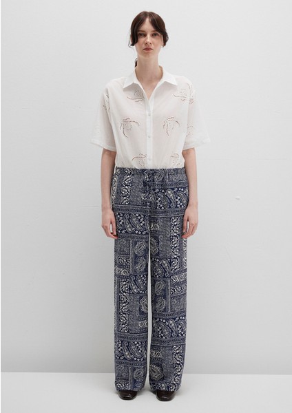 Beli Bağcıklı Etnik Baskılı Lacivert Pantolon 1011123-90738