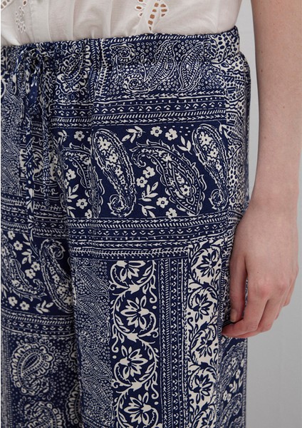 Beli Bağcıklı Etnik Baskılı Lacivert Pantolon 1011123-90738