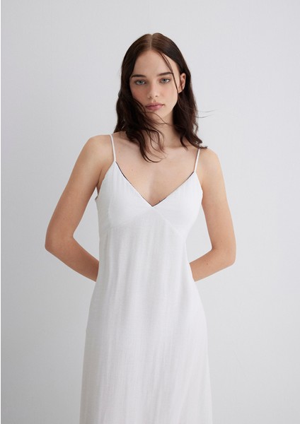 Keten Karışımlı Beyaz Elbise 1310797-620