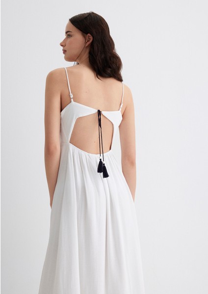 Keten Karışımlı Beyaz Elbise 1310797-620