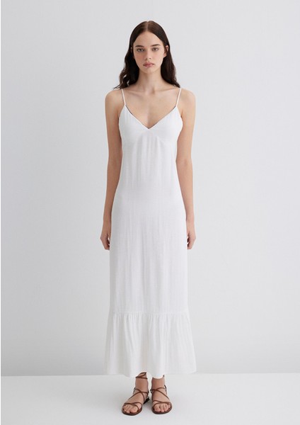 Keten Karışımlı Beyaz Elbise 1310797-620