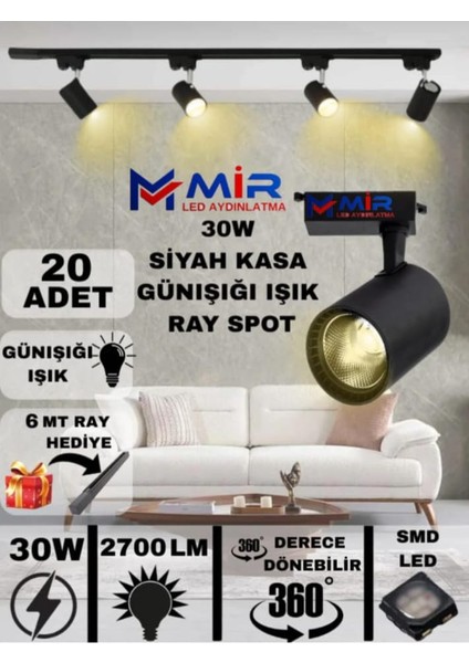30W 2700 Lm Siyah Kasa Beyaz Işık Ray Spot 20ADE