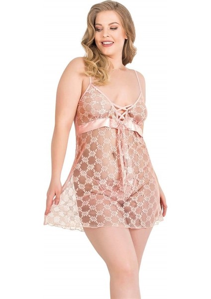 Arias Closet Büyük Beden Somon Kısa Tül Gecelik