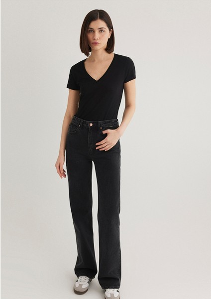 V Yaka Siyah Basic Stretch Tişört 162769-900