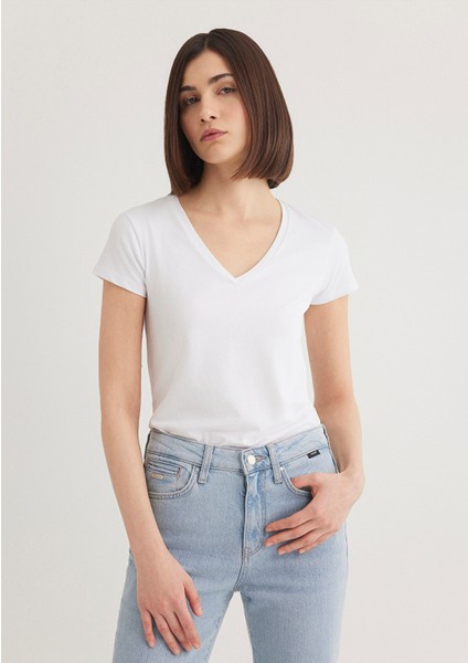 V Yaka Beyaz Basic Stretch Tişört 162769-620