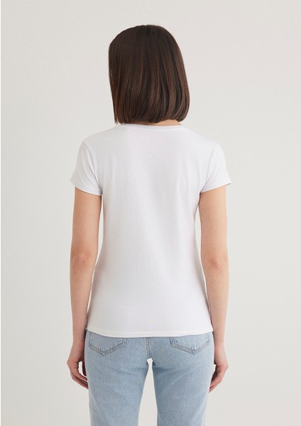 V Yaka Beyaz Basic Stretch Tişört 162769-620