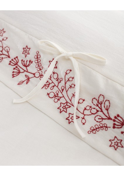 Relief King Size %100 Pamuk Bağlamalı Nevresim Takımı - Ekru/Kırmızı