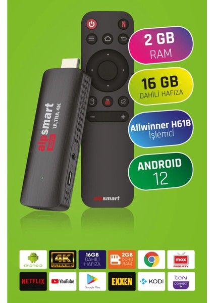Android 12 Tv Mini Box, 2gb Ram, 16GB Depolama, Medya Oynatıcı, Renk: Sarı