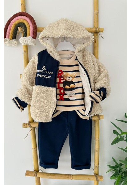 Relax Ayıcık Baskılı Kuzu Montlu Erkek Bebe 3 lü takım - Lacivert